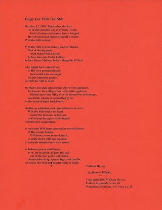 Item #3976 ELEGY FOR WILT THE STILT. (Broadside.). William Heyen