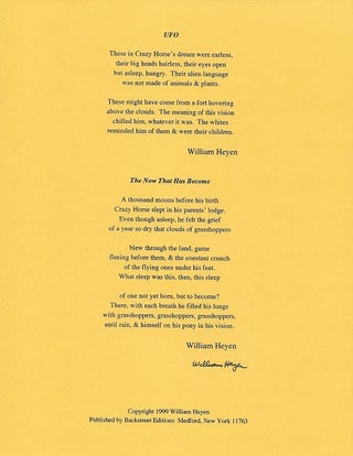 Item #3977 UFO and THE NOW THAT HAS BECOME. (Broadside.). William Heyen