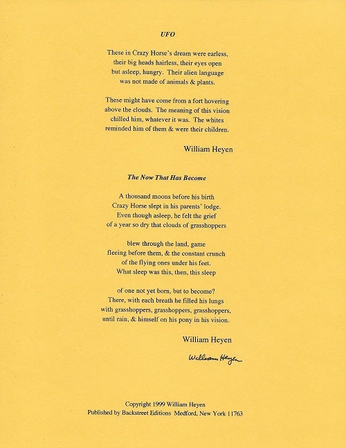 Item #3977 UFO and THE NOW THAT HAS BECOME. (Broadside.). William Heyen.