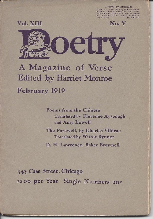 Item #6304 POETRY: A MAGAZINE OF VERSE. D. H. Lawrence, ed. Harriet Monroe.