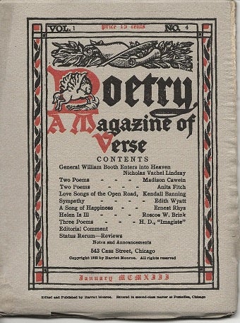 Item #6940 POETRY: A MAGAZINE OF VERSE, Vol 1, No 4. H. D., Harriet Monroe, Hilda Doolittle.