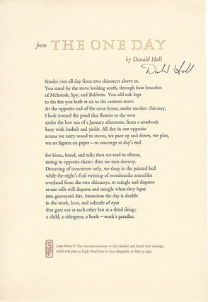 Item #6993 THE ONE DAY. (Broadside.). Donald Hall