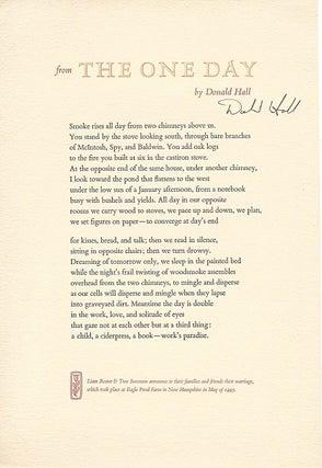 Item #6993 THE ONE DAY. (Broadside.). Donald Hall