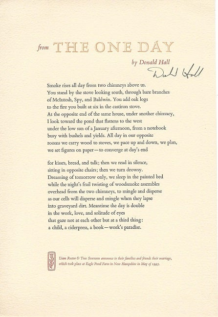 Item #6993 THE ONE DAY. (Broadside.). Donald Hall.
