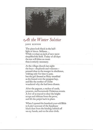 Item #7001 AT THE WINTER SOLSTICE. (Broadside.). Jane Kenyon, Barry Moser