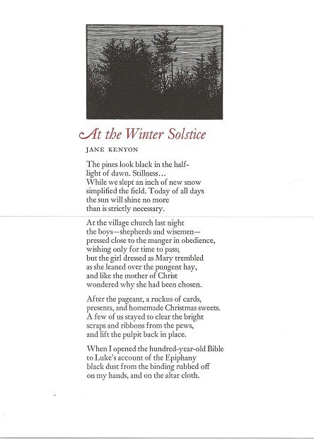 Item #7001 AT THE WINTER SOLSTICE. (Broadside.). Jane Kenyon, Barry Moser.