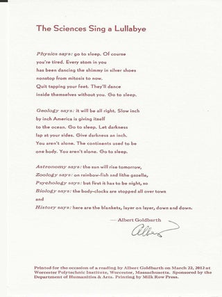THE SCIENCES SING A LULLABYE. (Broadside. Albert Goldbarth.
