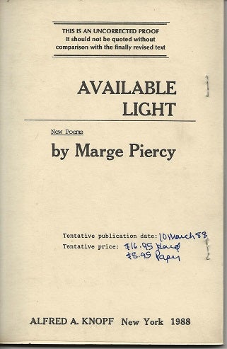 Item #948 AVAILABLE LIGHT. Marge Piercy.